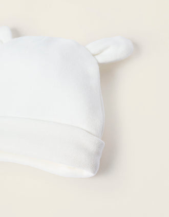 Bonnet + Moufles en Coton pour Nouveau-née, Blanc