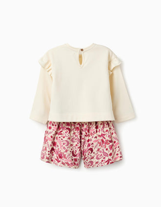 Sweat + Calção Floral para Bebé Menina, Branco/Rosa
