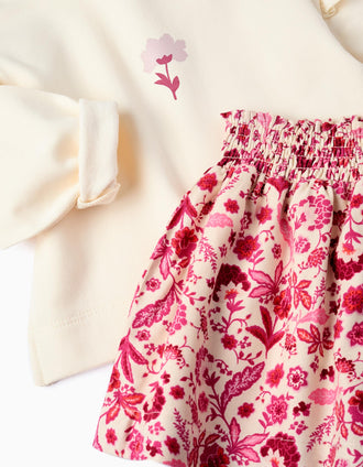 Sweat + Calção Floral para Bebé Menina, Branco/Rosa
