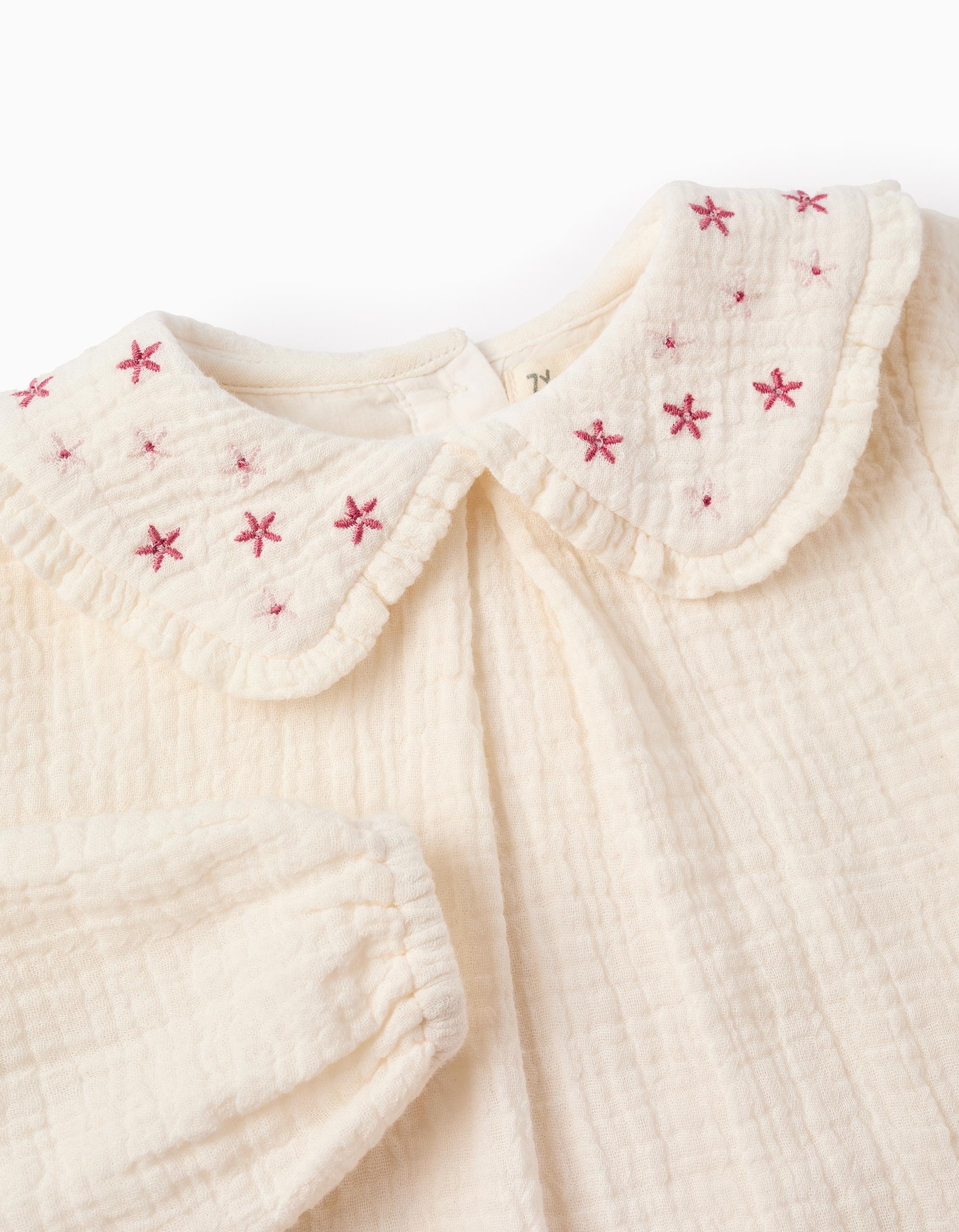 Muslin Tunic With Flowers for Baby Girls, White