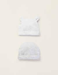 Pack 2 Bonnets en Coton pour Nouveau-né, Blanc/Gris
