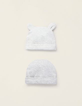 Pack 2 Bonnets en Coton pour Nouveau-né, Blanc/Gris