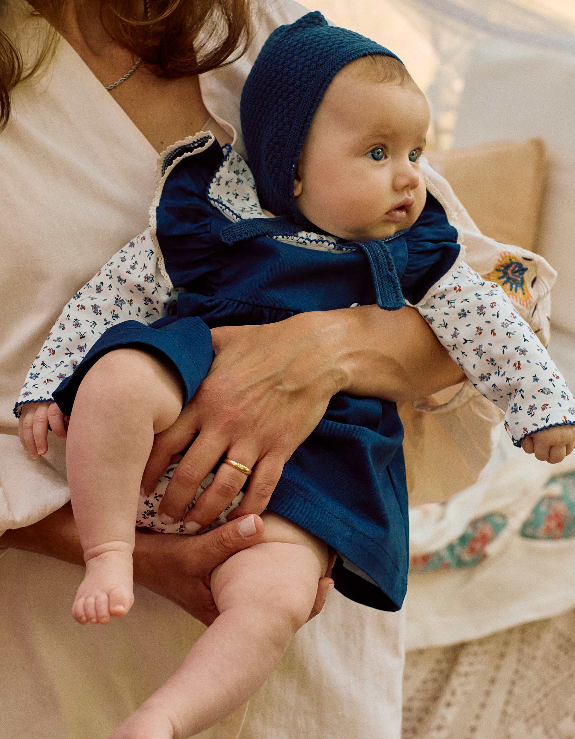 Knitted Beanie with Side Straps for Newborns, Turquoise