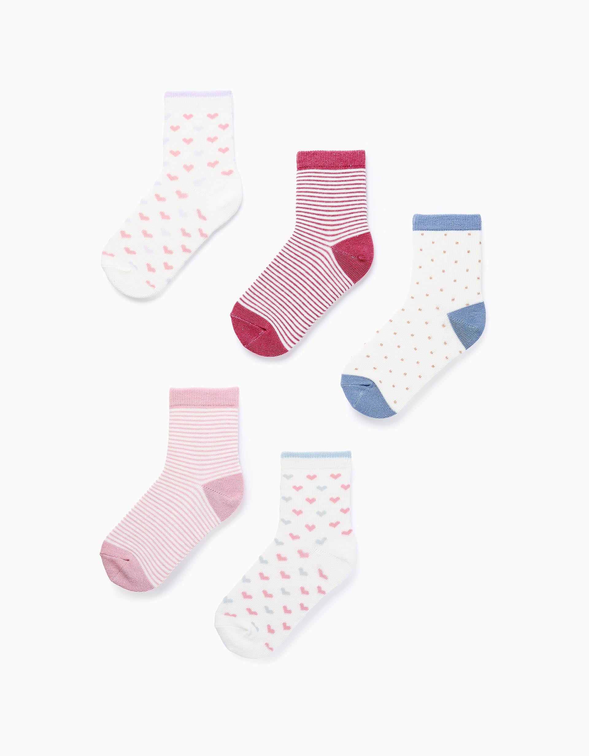 Pack of 5 Pairs of Socks with Pattern for Girls, Pink/Blue/Purple