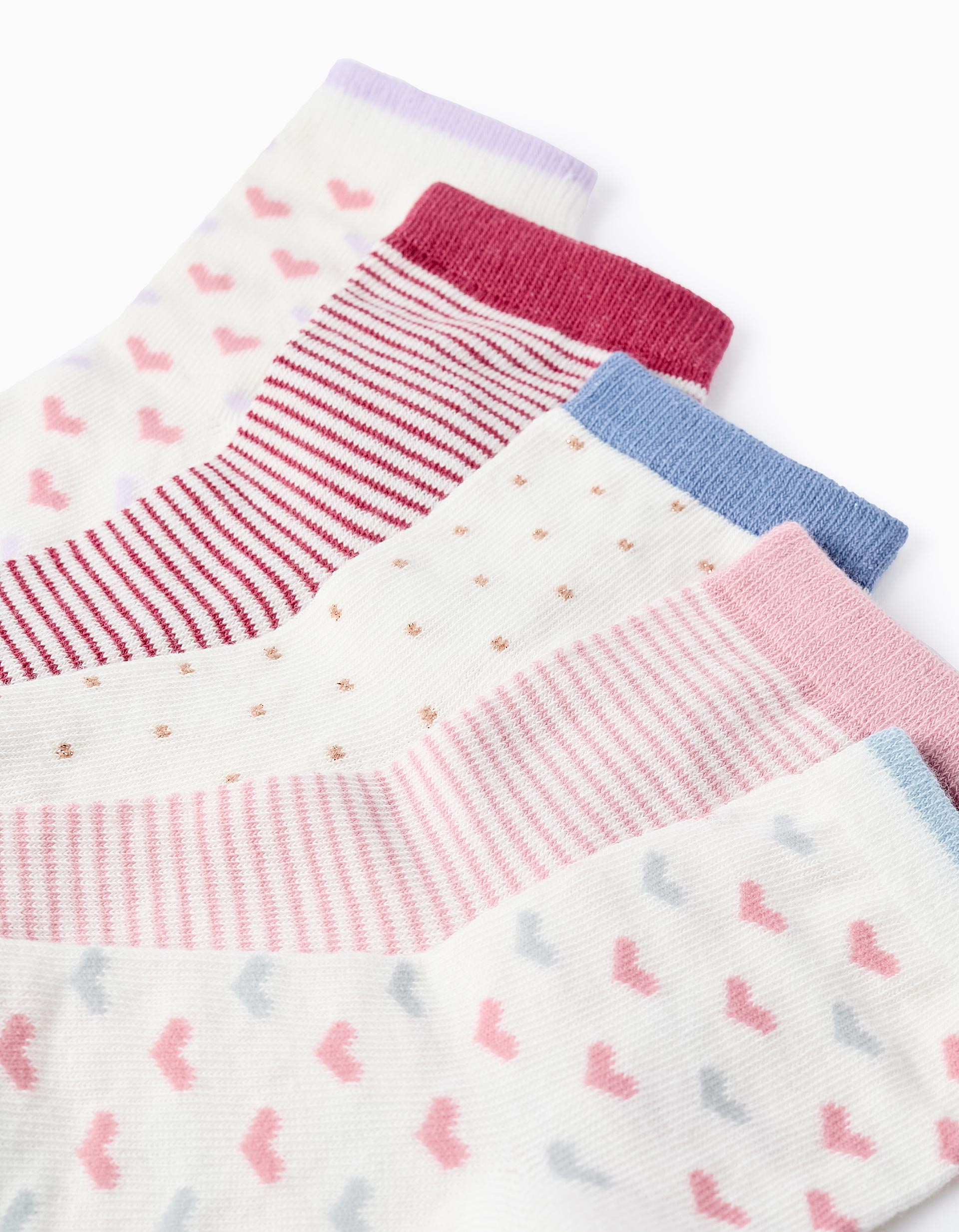 Pack of 5 Pairs of Socks with Pattern for Girls, Pink/Blue/Purple