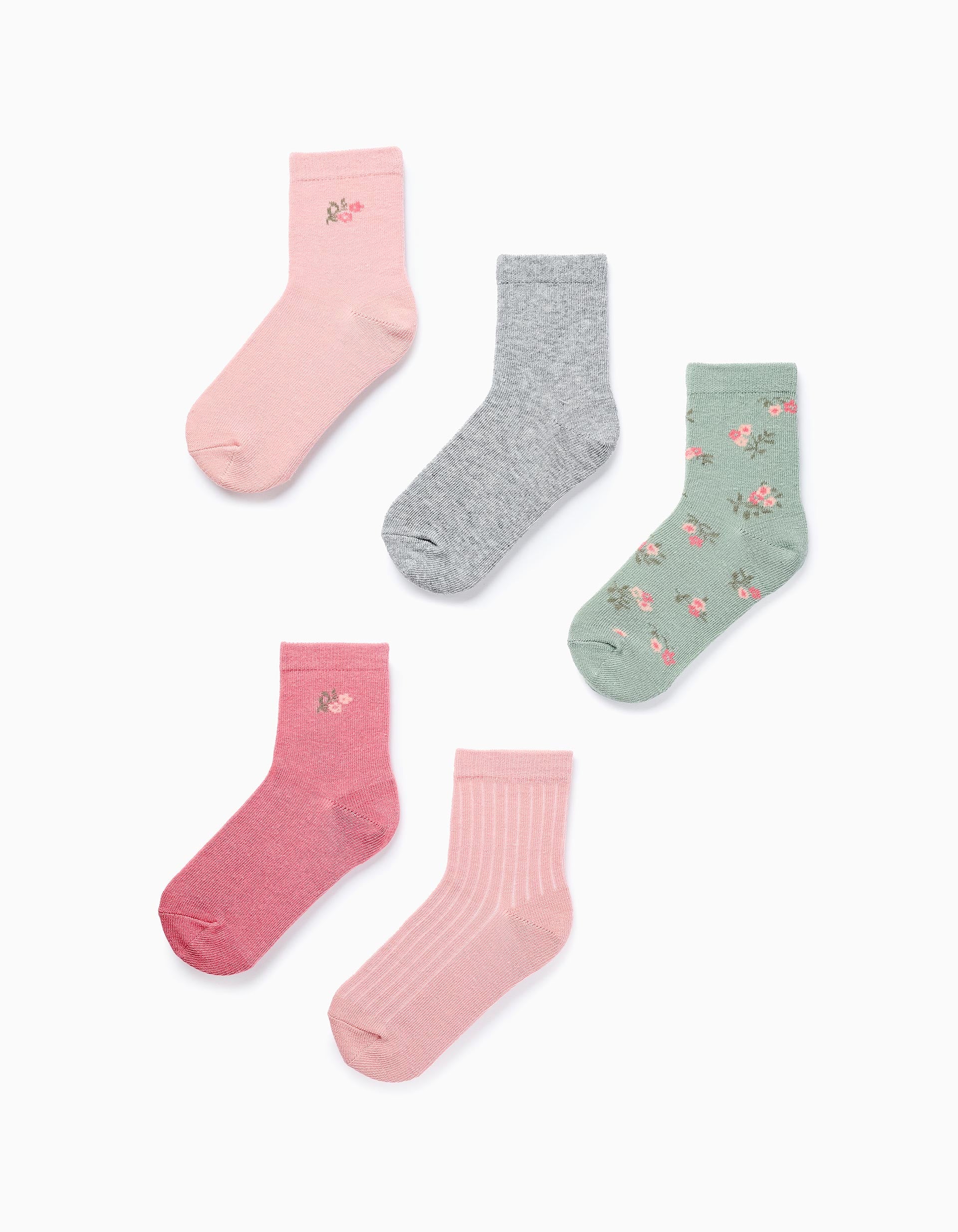 Pack of 5 Pairs of Plain/Floral Socks for Girls, Pink/Green/Grey