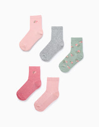 Pack of 5 Pairs of Plain/Floral Socks for Girls, Pink/Green/Grey