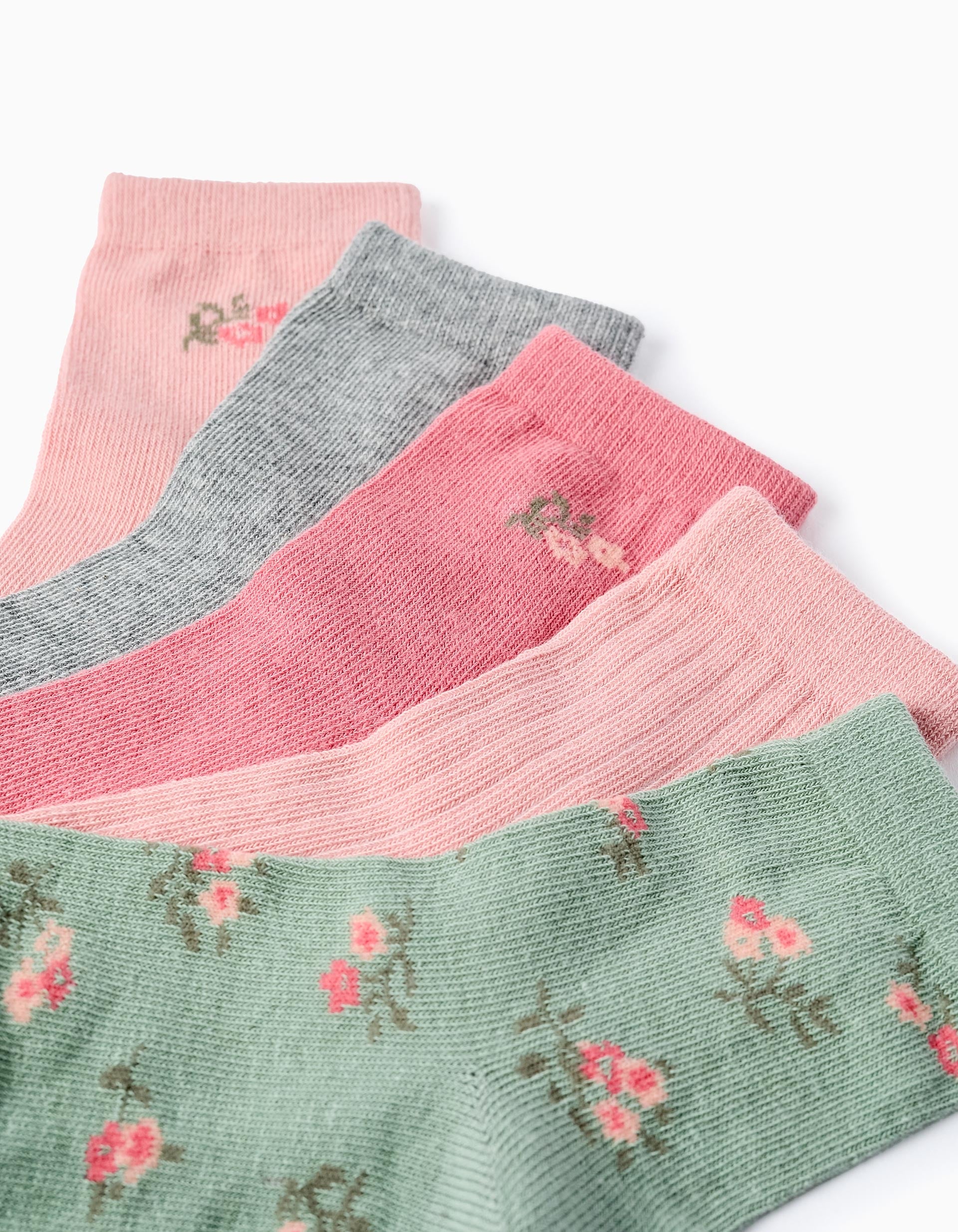 Pack of 5 Pairs of Plain/Floral Socks for Girls, Pink/Green/Grey