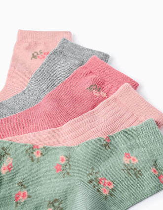 Pack 5 Paires de Chaussettes Unies/Fleurs pour Fille, Rose/Vert/Gris