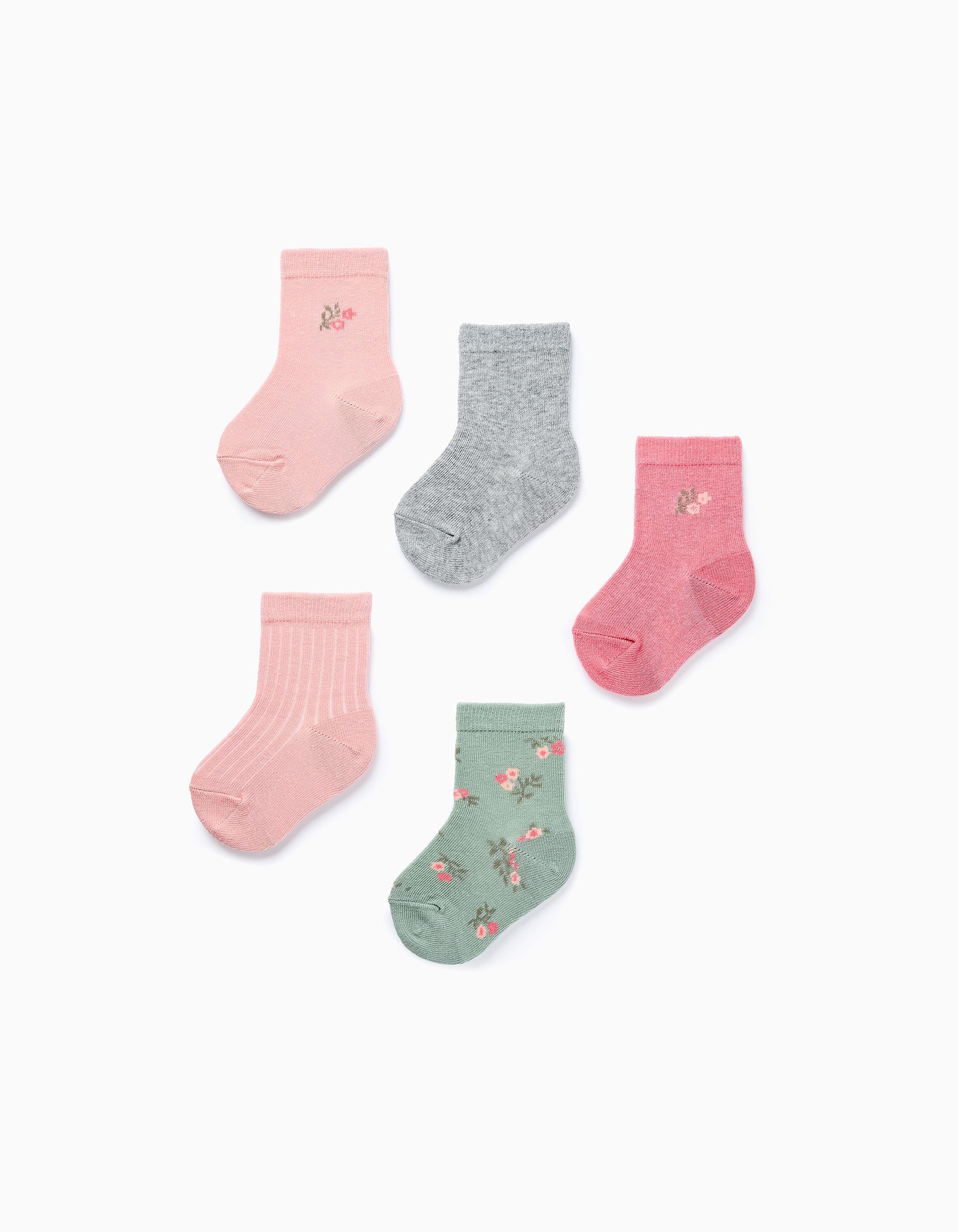 Pack of 5 Pairs of Plain/Floral Socks for Baby Girls, Pink/Green