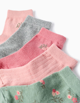 Pack 5 Pares de Meias Lisas e às Flores para Bebé Menina, Rosa/Verde
