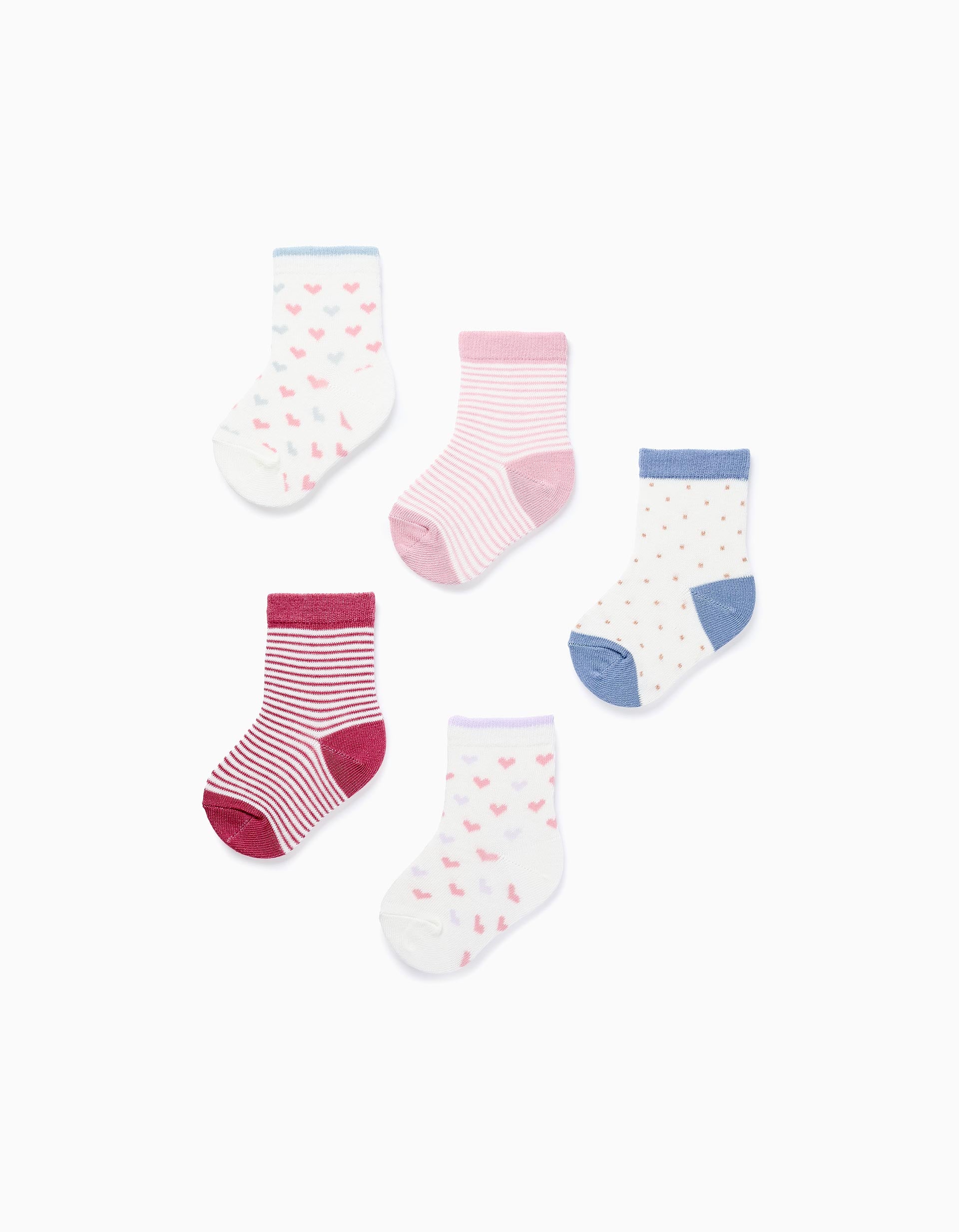 Pack of 5 Pairs of Socks with Motif for Baby Girls, Pink/Blue/Purple