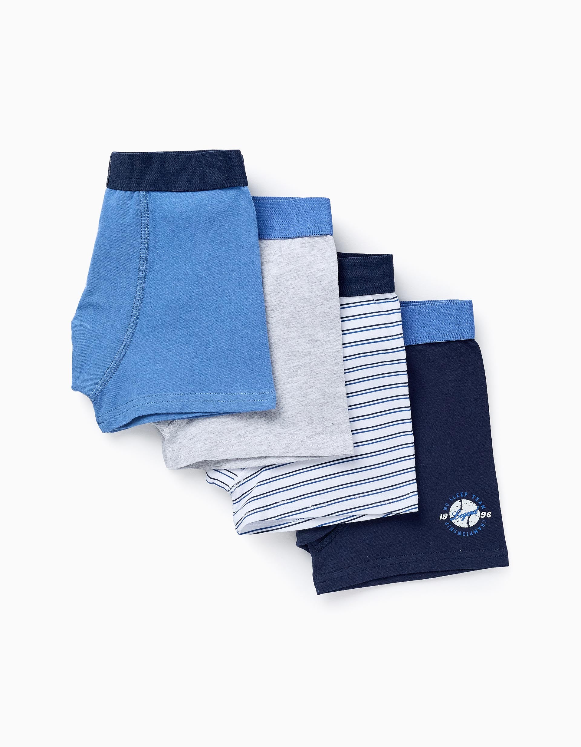 Pack of 4 Boxer Shorts for Boys 'Baseball', White/Blue/Grey