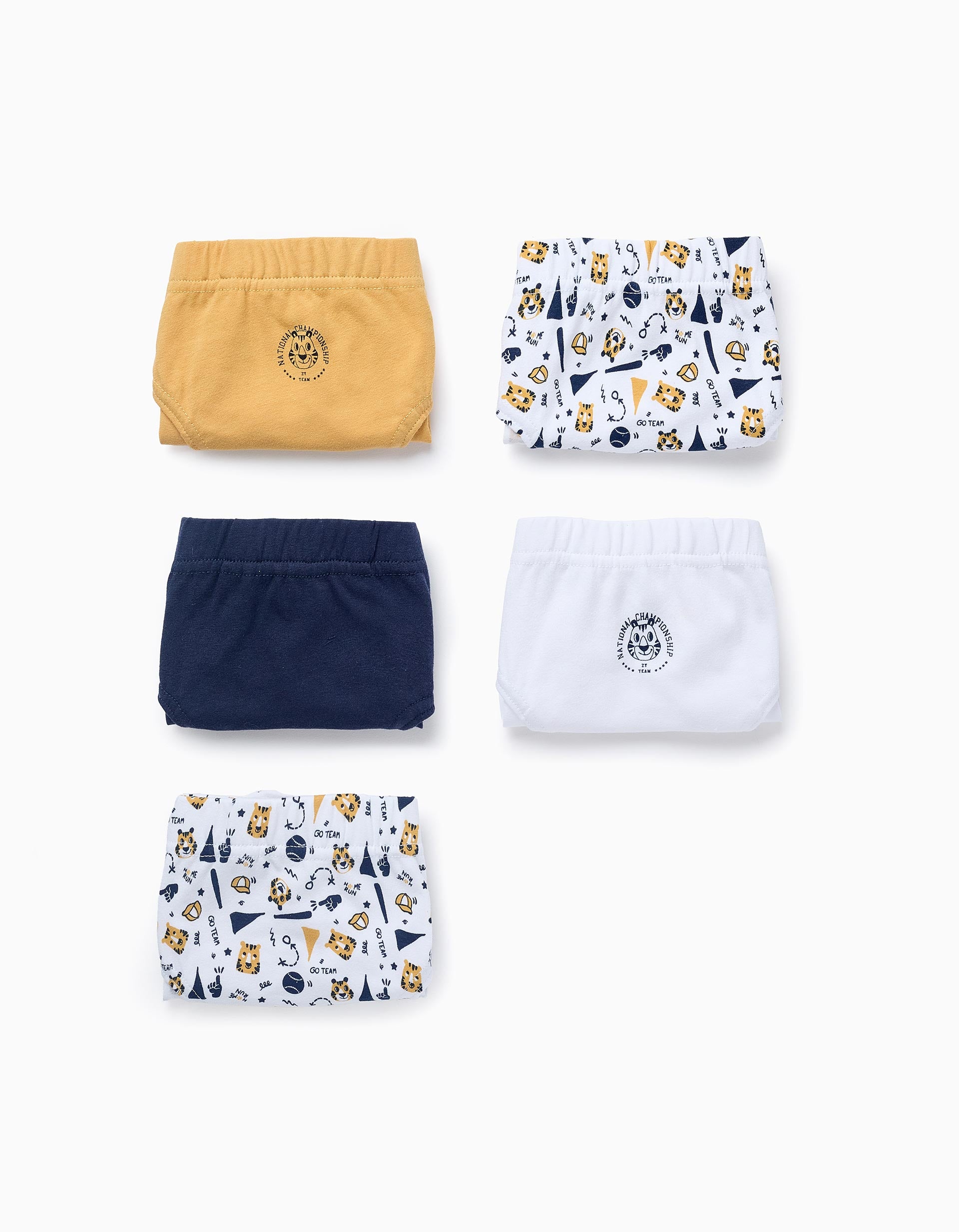 Pack of 5 Briefs for Boys 'Baseball', White/Blue/Yellow