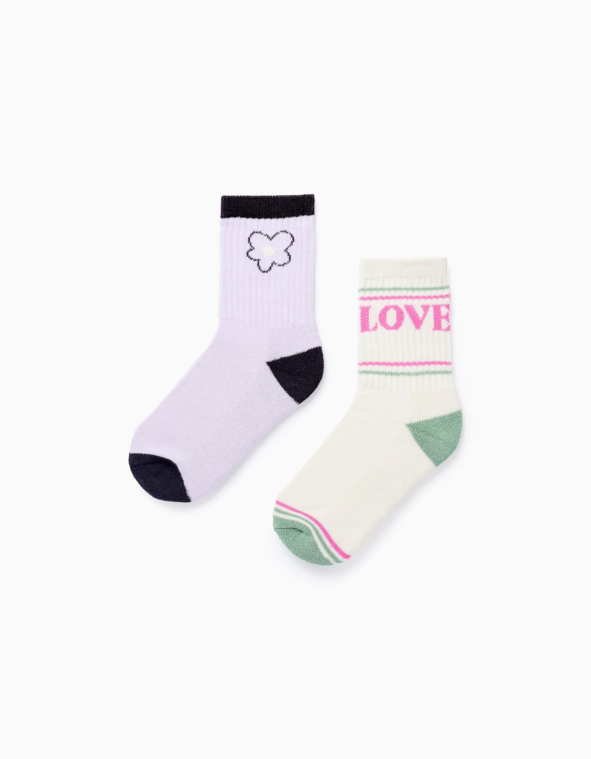 Pack 2 Paires de Chaussettes Rétro pour Fille 'Love', Lilas/Beige