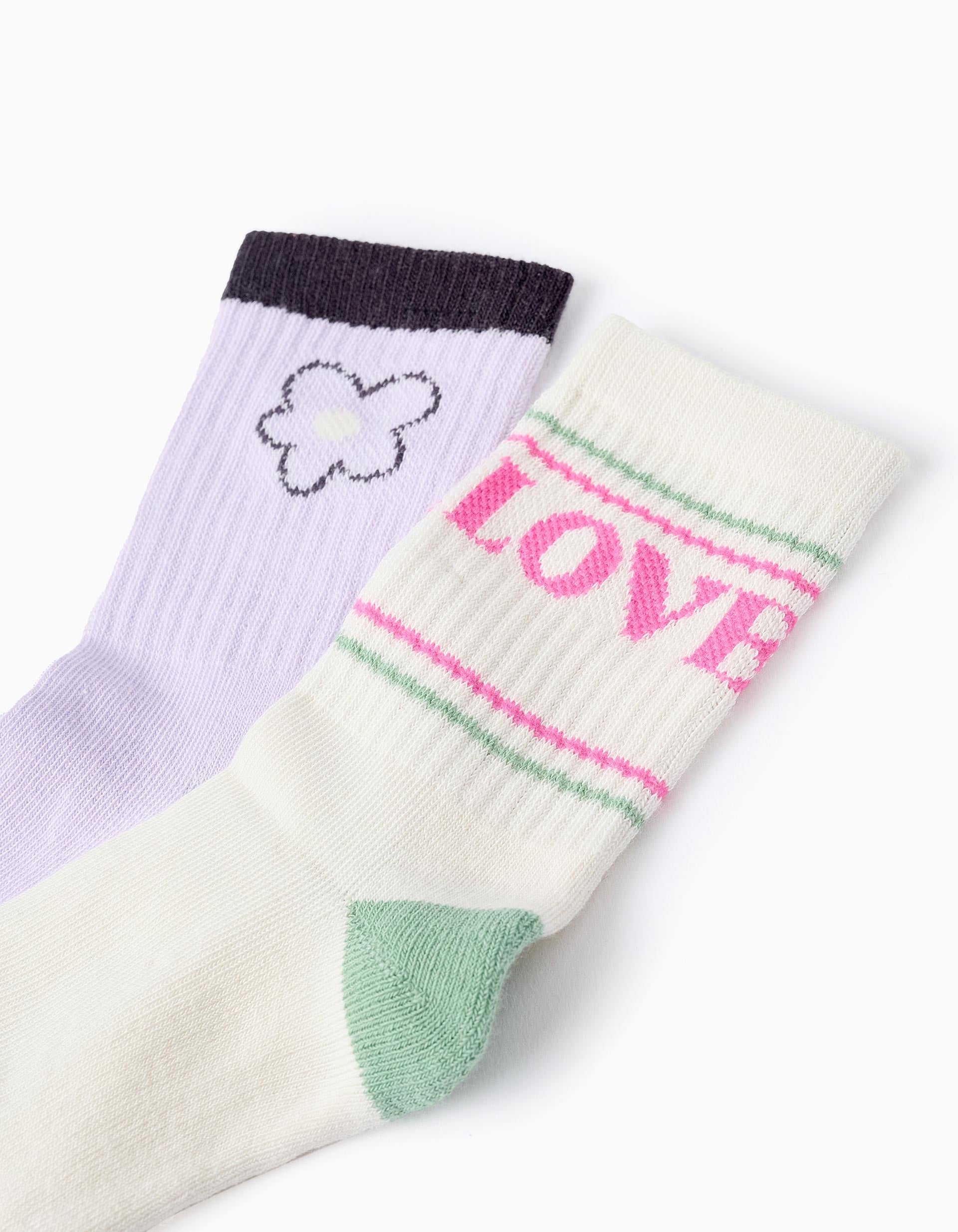 Pack 2 Paires de Chaussettes Rétro pour Fille 'Love', Lilas/Beige