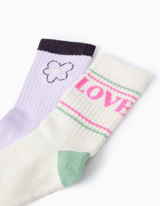Pack 2 Pares de Calcetines Retro para Niña 'Love', Lila/Beige