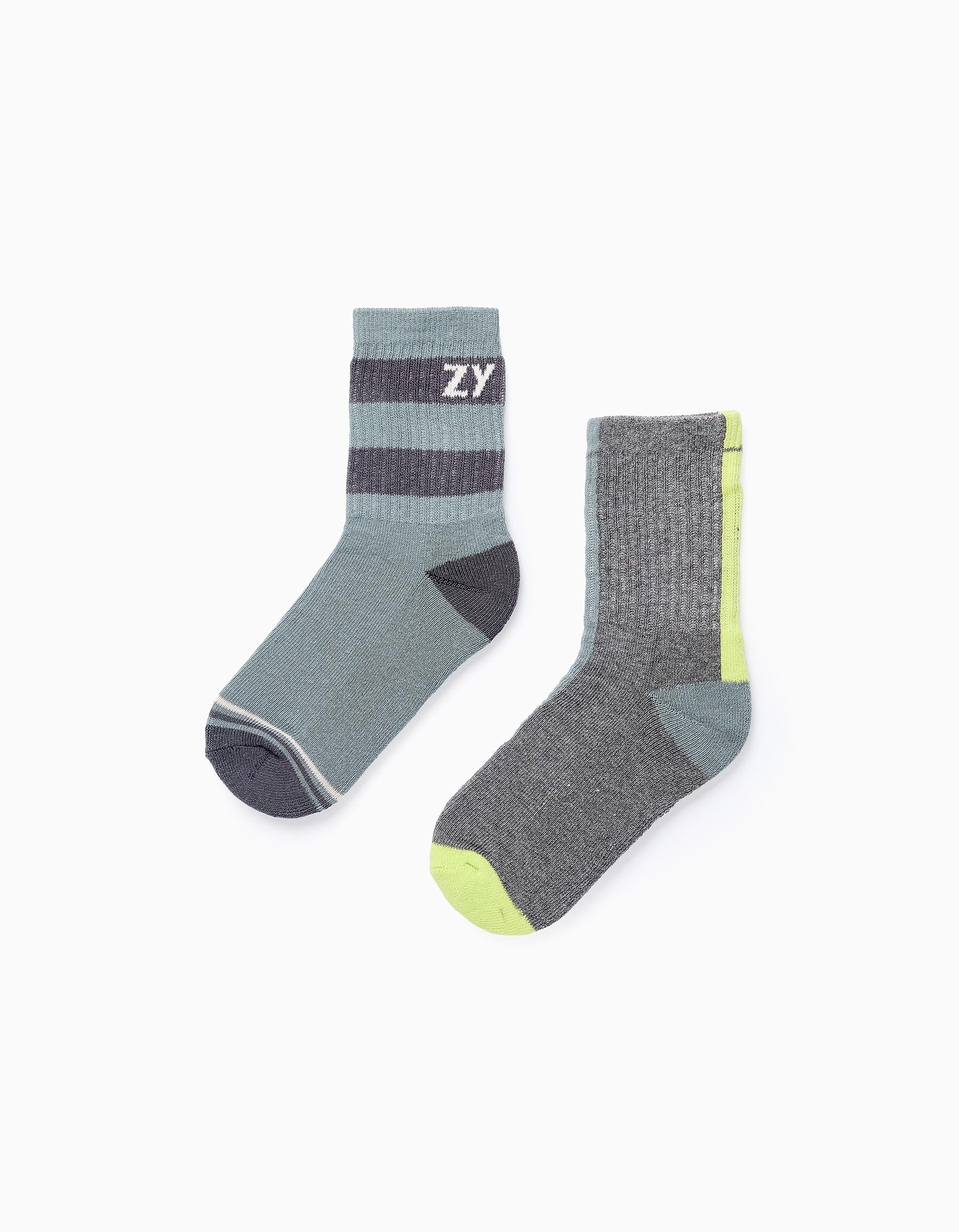 Pack 2 Pairs of Retro Socks for Boys 'ZY', Green/Grey