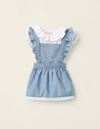 Body + Falda de Peto Vaquero para Recién Nacida, Blanco/Azul