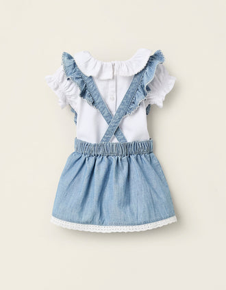 Body + Falda de Peto Vaquero para Recién Nacida, Blanco/Azul