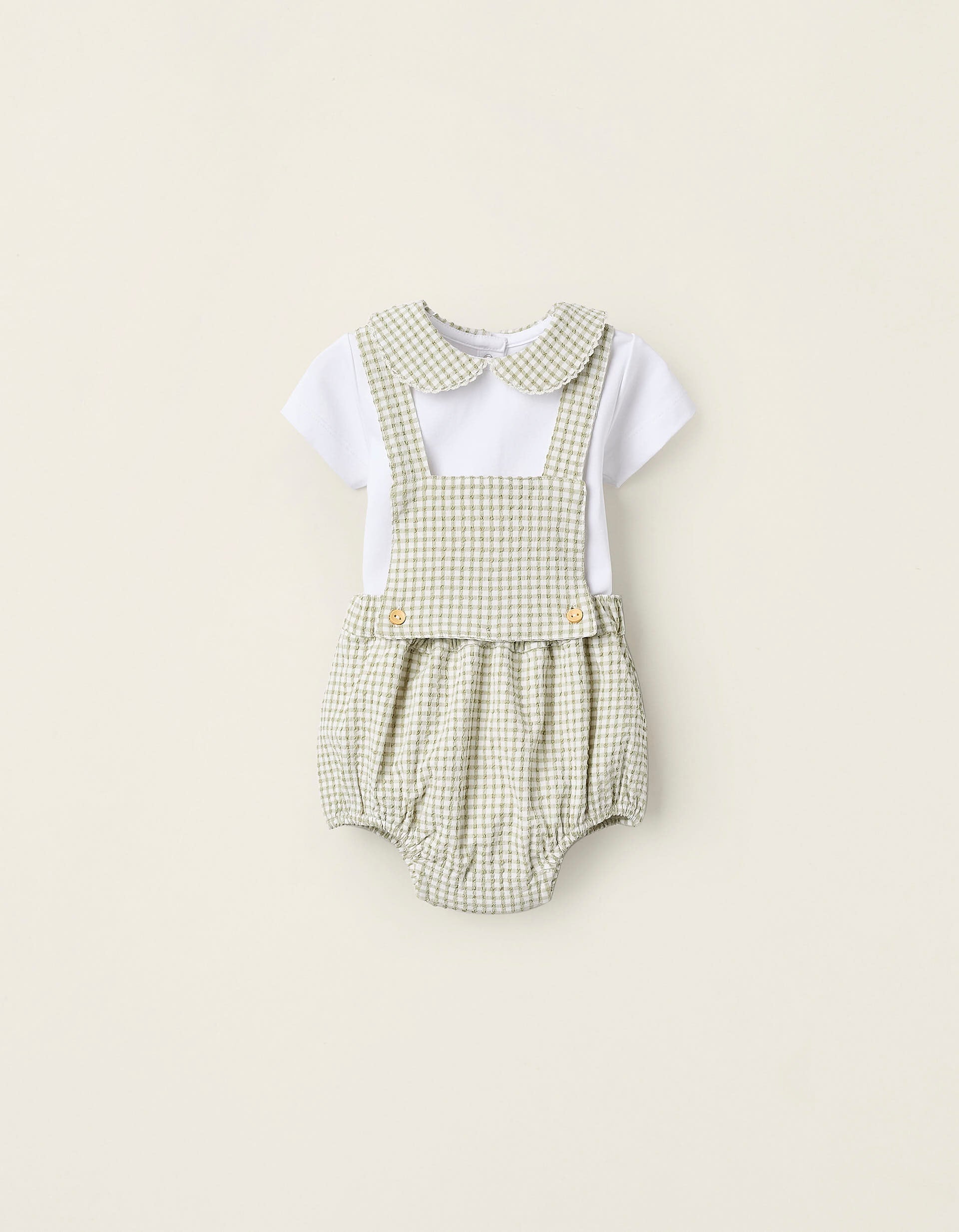 Bodysuit + Gingham Jumpsuit for Newborn Boys, White/Green