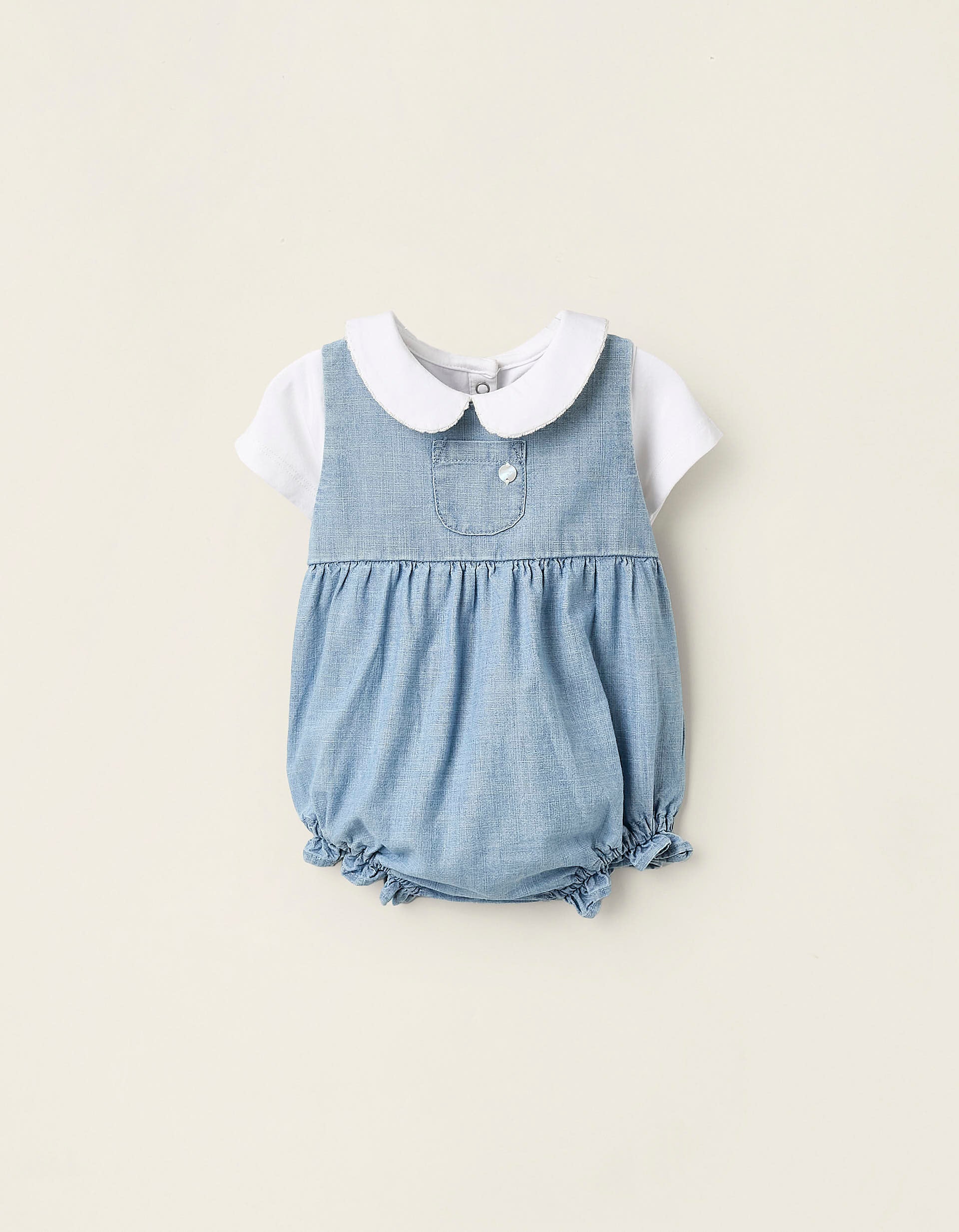 Bodysuit + Denim Jumpsuit for Newborns, White/Blue