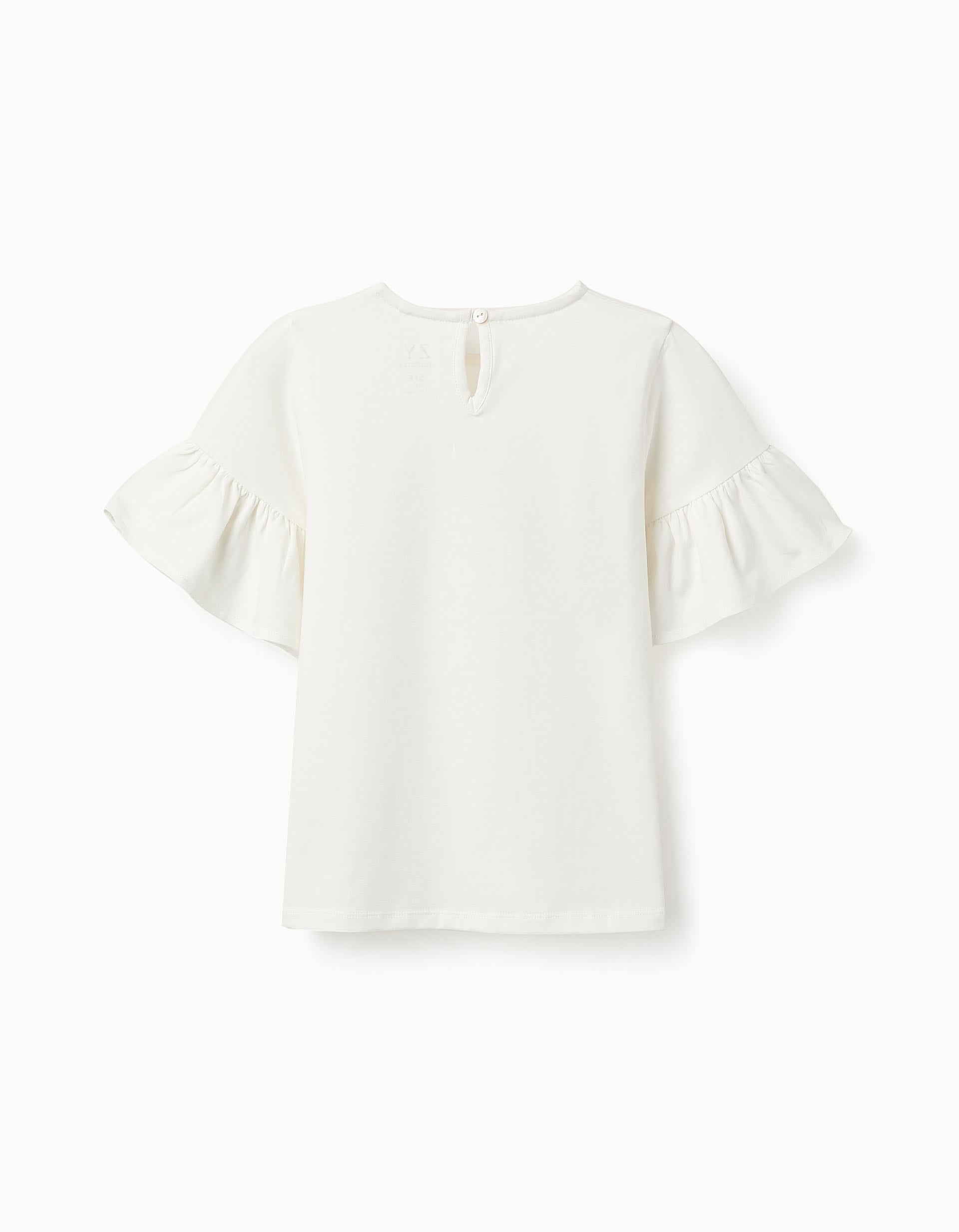 T-shirt with Ruffle Sleeves for Girls, White