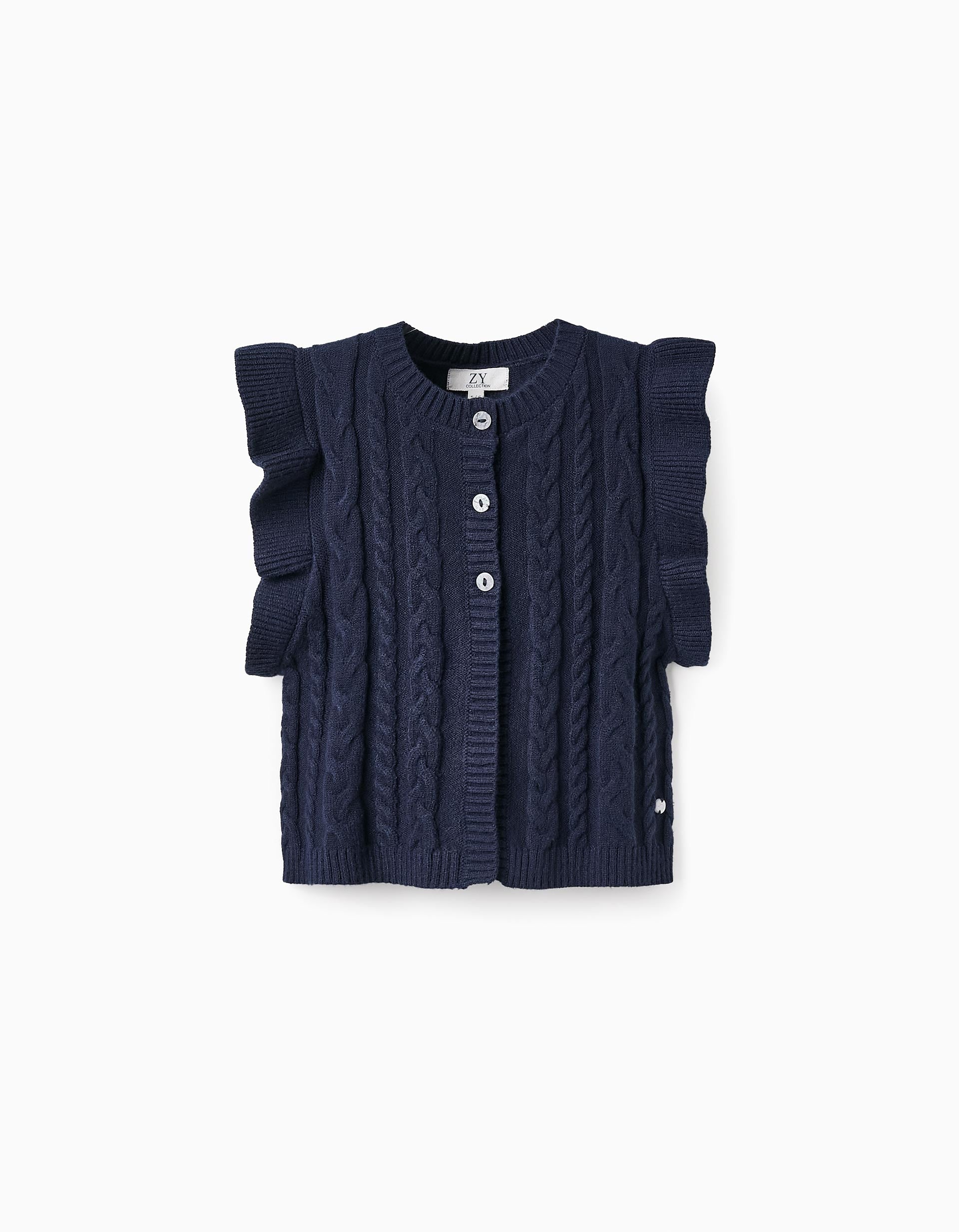 Knitted Frill Waistcoat for Girls, Dark Blue