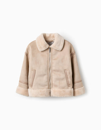Abrigo de Antelina con Pelo para Niña, Beige
