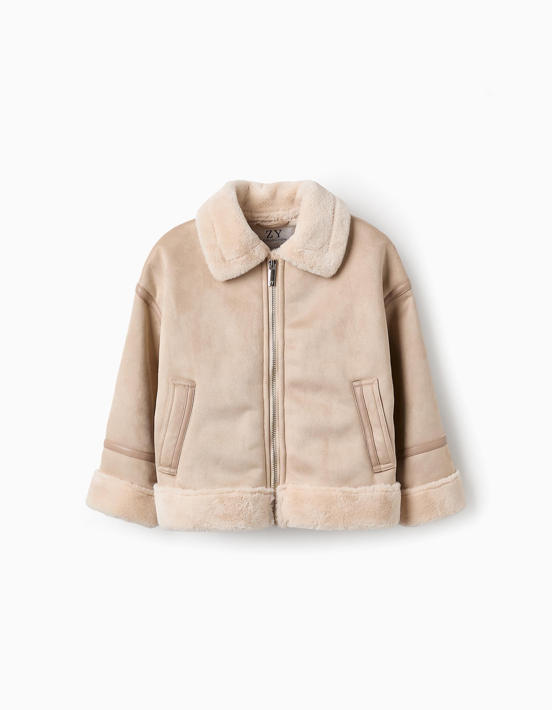 Suedine Hooded Jacket for Girls, Beige