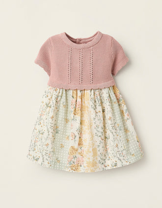 Robe Combinée Florale pour Nouveau-Née, Rose/Beige