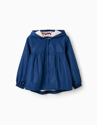 Chaqueta Cortavientos con Forro Floral para Niña. Azul Oscuro/Rosa