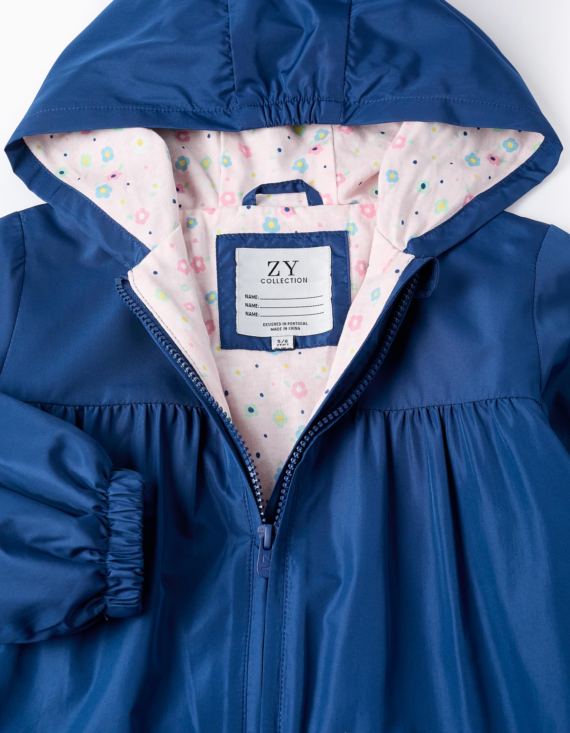 Windbreaker Jacket with Floral Lining for Girls, Dark Blue/Pink