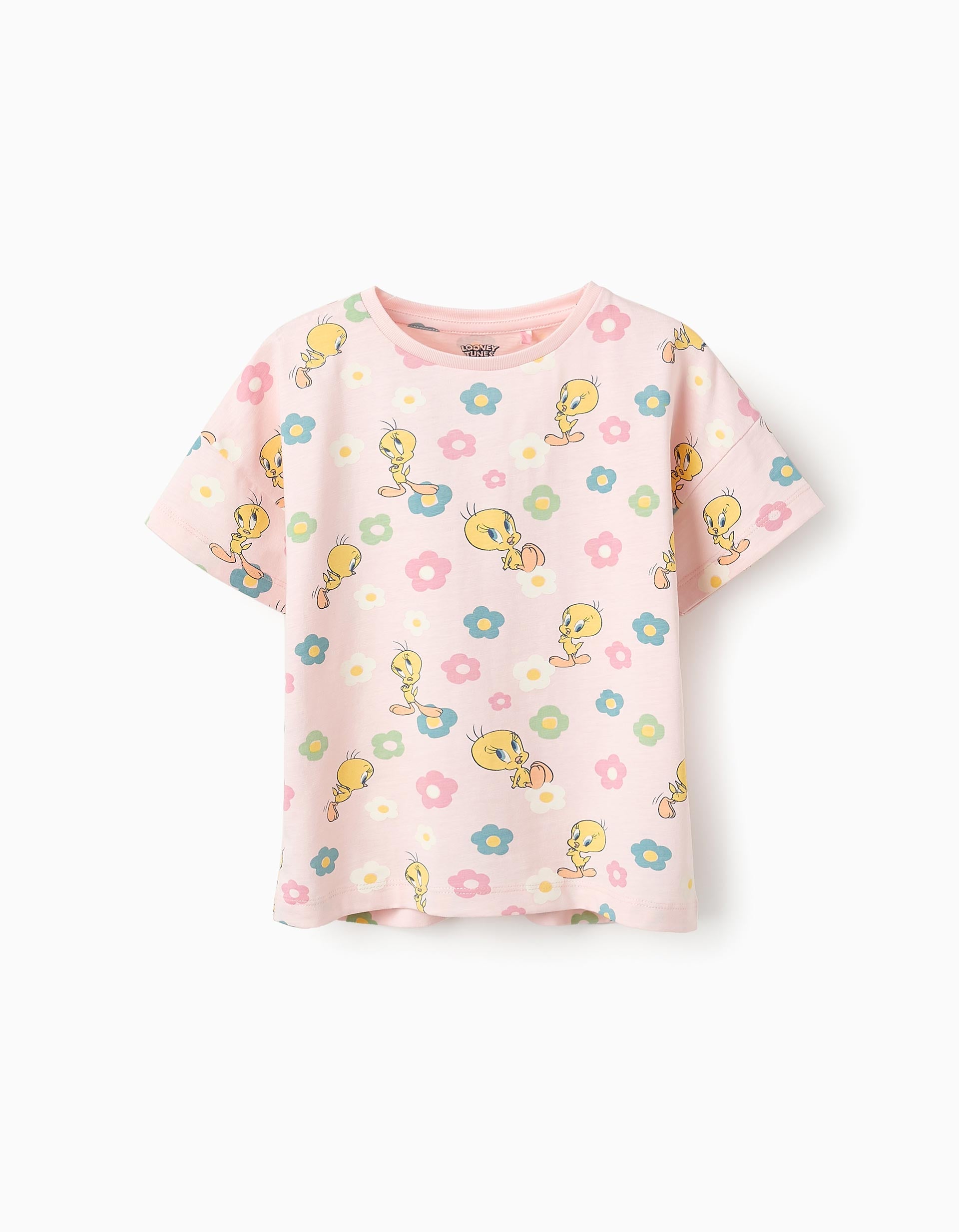 T-shirt Floral de Algodão para Menina 'Tweety', Rosa