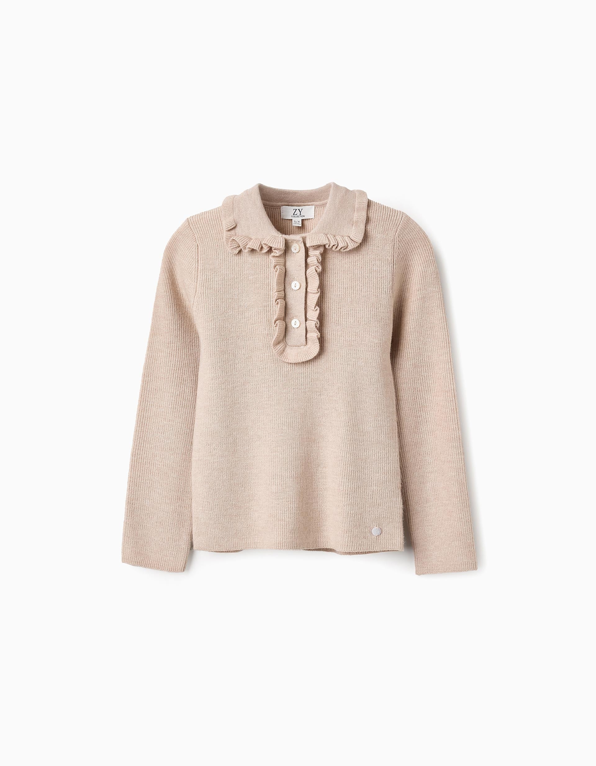 Ribbed Knit Jumper with Ruffles for Girls, Beige