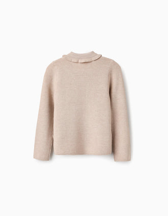 Camisola de Malha Canelada com Folhos para Menina, Bege