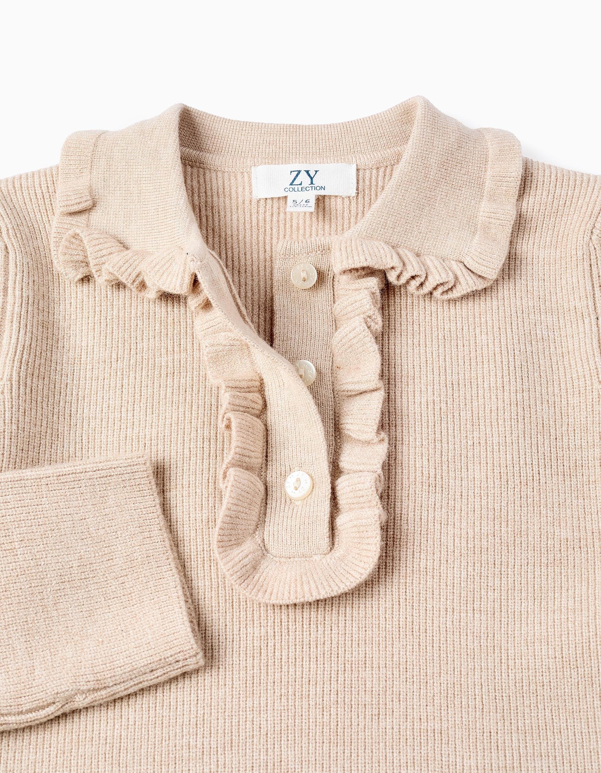 Ribbed Knit Jumper with Ruffles for Girls, Beige