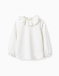 T-shirt de Manches Longues avec Col à Volants pour Fille, Blanc