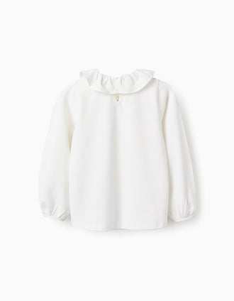 T-shirt de Manga Comprida com Gola de Folhos para Menina, Branco