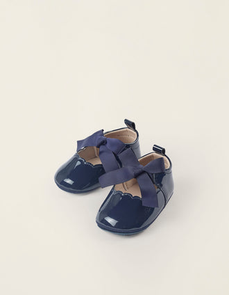 Bailarinas de Piel Sintética con Lazos para Recién Nacida, Azul Oscuro