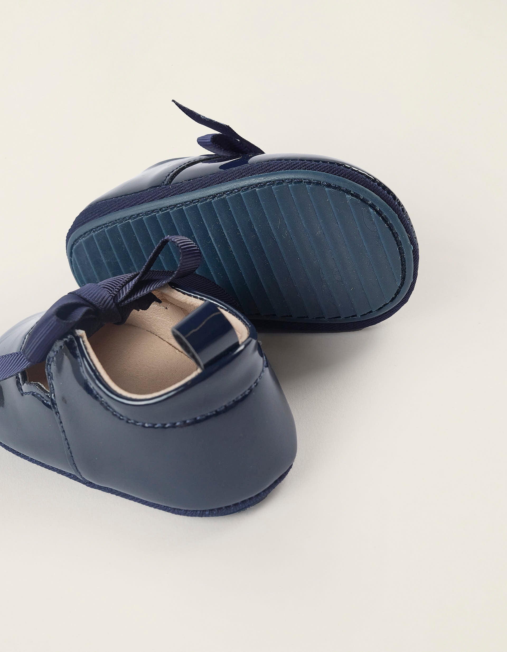 Ballerines en Cuir Synthétique avec Noeud Nouveau-née, Bleu Foncé