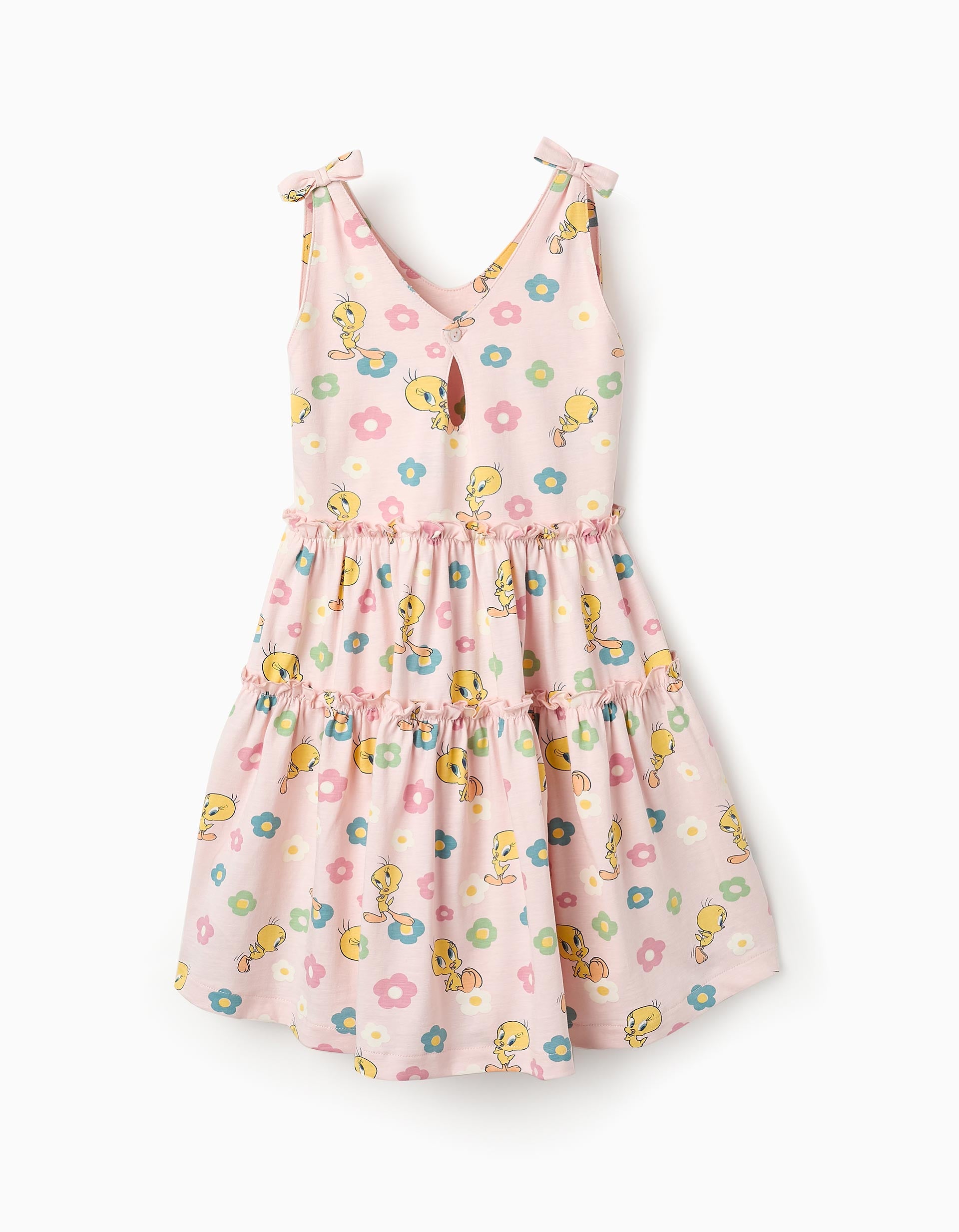 Sleeveless Cotton Dress with Pattern for Girls 'Tweety', Pink