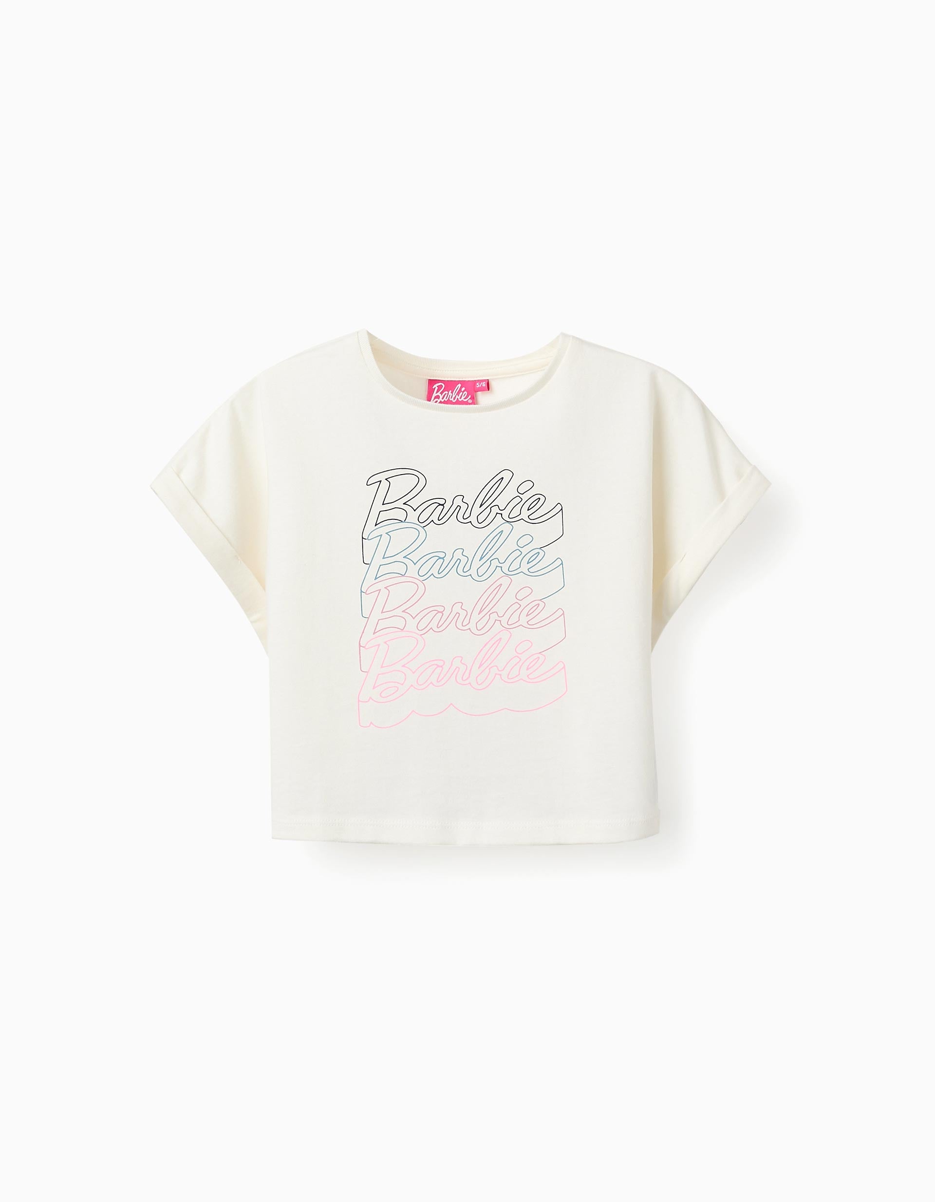 Cropped Cotton T-shirt for Girls 'Barbie', White