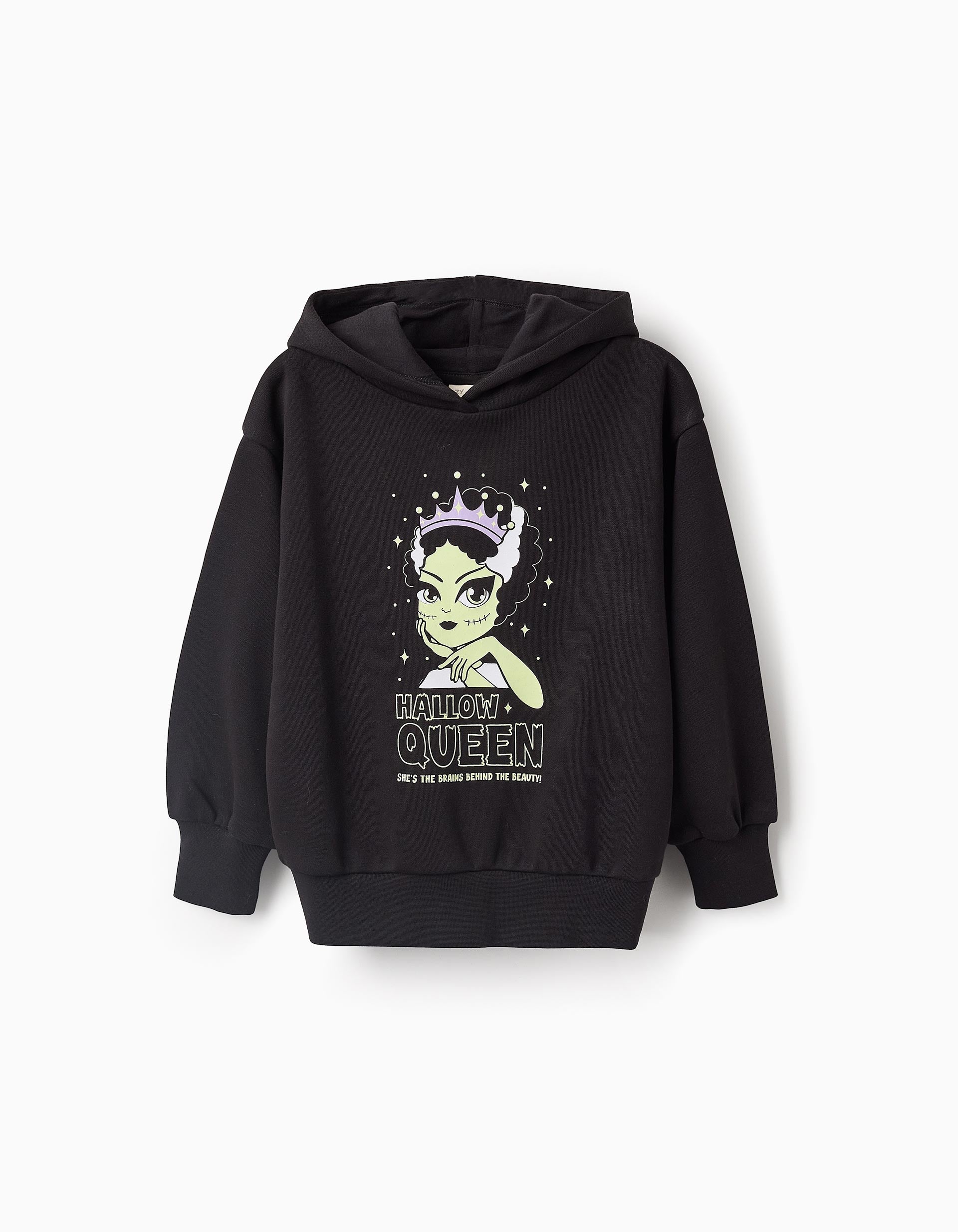 Glow in the Dark Sweatshirt with Hood for Girls 'Queen', Black