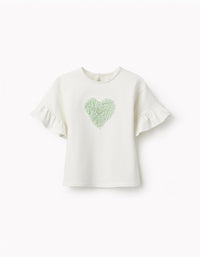 T-shirt avec Manches à Volants Fille, Blanc/Vert