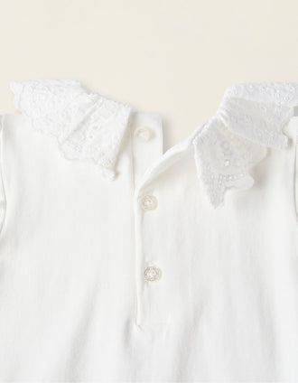Bodysuit-Blouse with Broderie Anglaise in Cotton for Newborn Girls, White