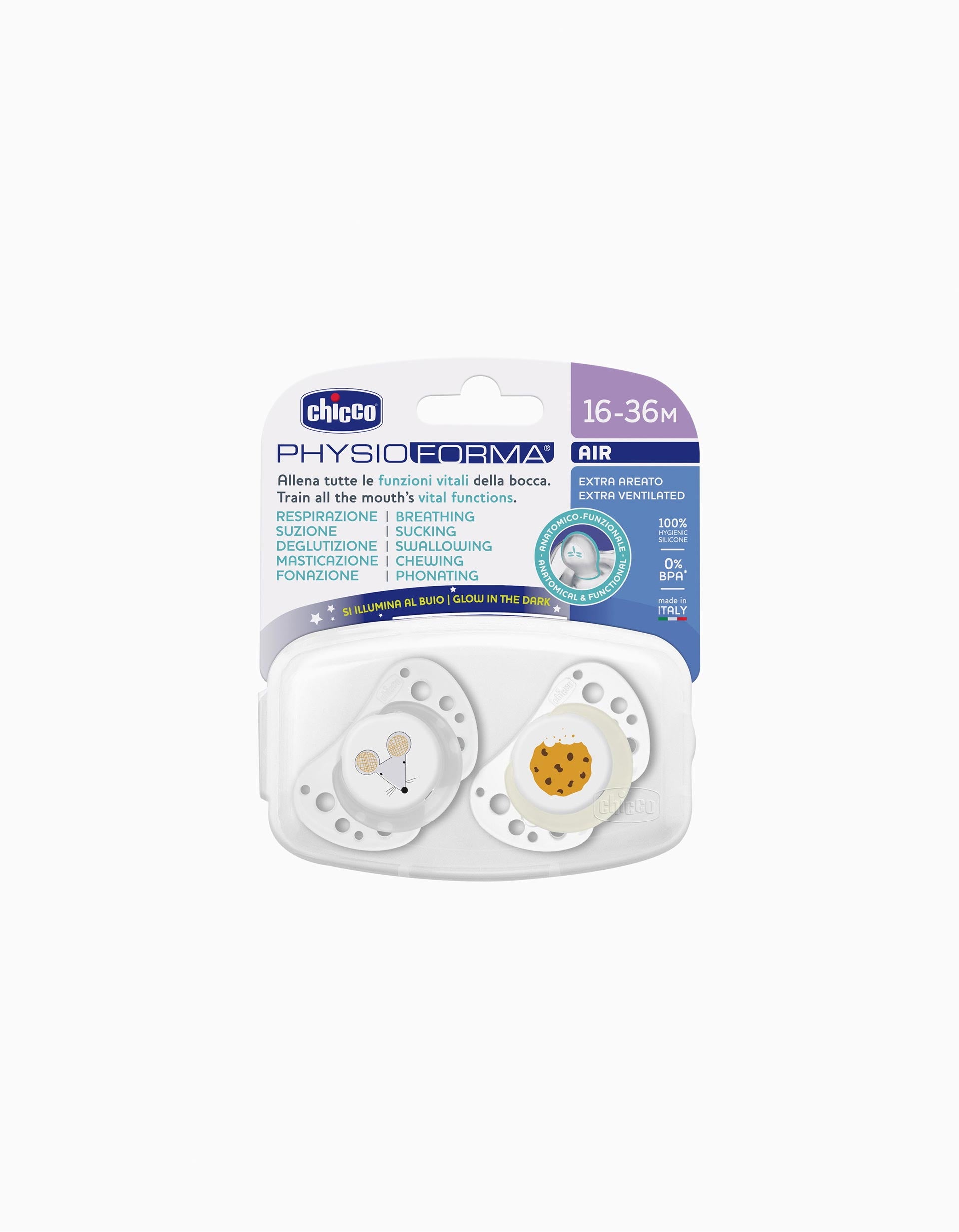 2 Chupetas Chicco Physio Air Silicone Luminosa Neutral 16-36M