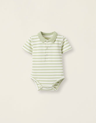 Body-Polo a Rayas en Algodón para Recién Nacido, Blanco/Verde