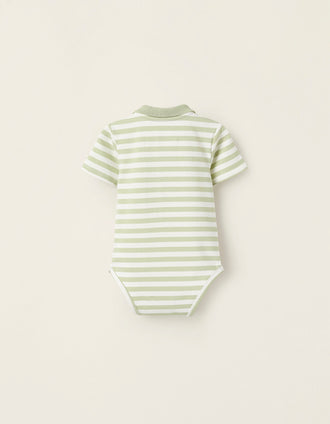 Body-Polo à Rayures en Coton pour Nouveau-Né, Blanc/Vert