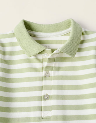 Body-Polo a Rayas en Algodón para Recién Nacido, Blanco/Verde